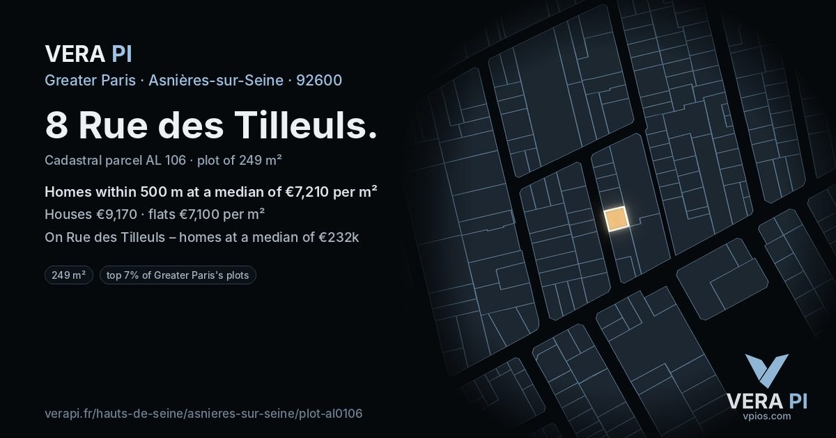 8 Rue des Tilleuls, Asnières-sur-Seine at night – the plot lit, the parcels around coloured by the prices near them