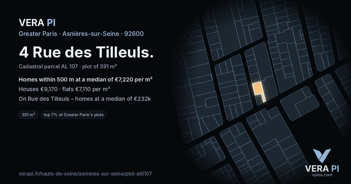 4 Rue des Tilleuls, Asnières-sur-Seine at night – the plot lit, the parcels around coloured by the prices near them