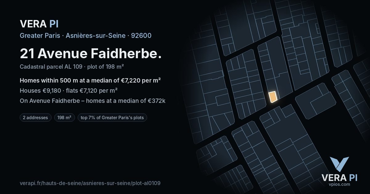 21 Avenue Faidherbe, Asnières-sur-Seine at night – the plot lit, the parcels around coloured by the prices near them