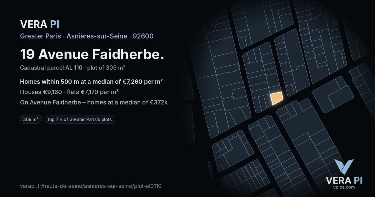 19 Avenue Faidherbe, Asnières-sur-Seine at night – the plot lit, the parcels around coloured by the prices near them