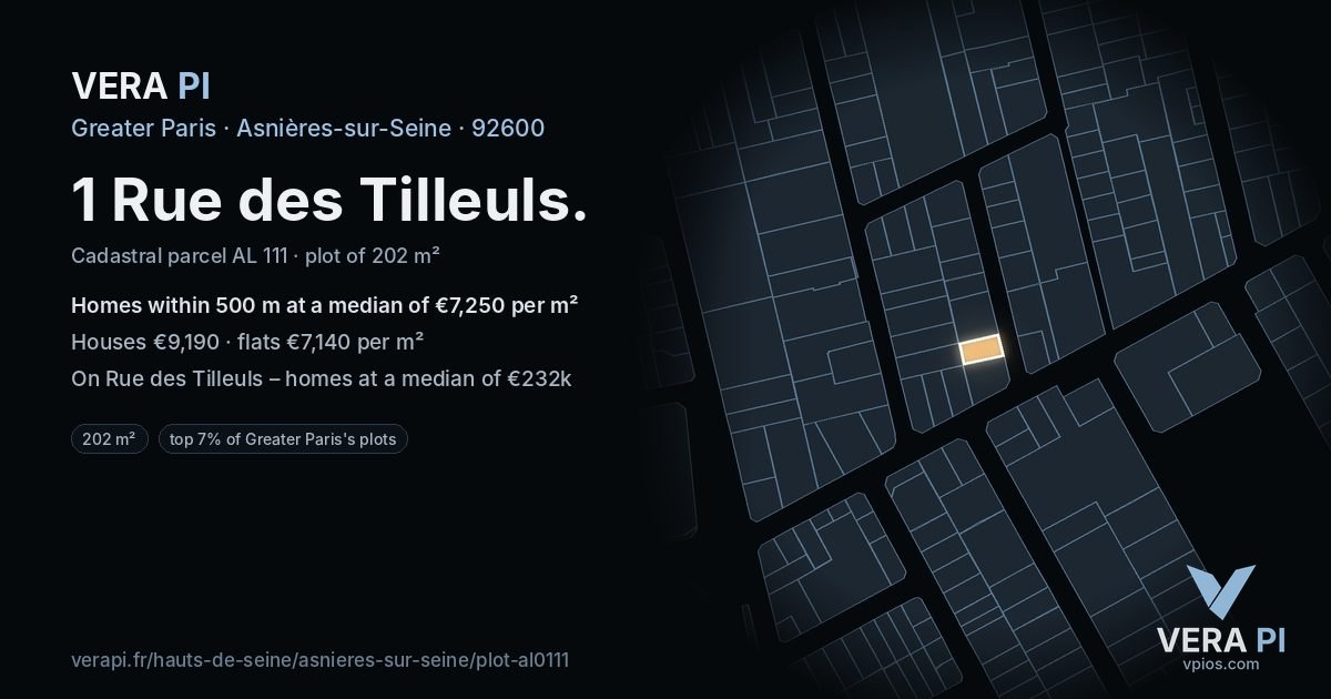 1 Rue des Tilleuls, Asnières-sur-Seine at night – the plot lit, the parcels around coloured by the prices near them