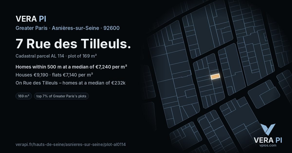 7 Rue des Tilleuls, Asnières-sur-Seine at night – the plot lit, the parcels around coloured by the prices near them