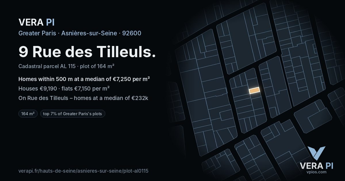 9 Rue des Tilleuls, Asnières-sur-Seine at night – the plot lit, the parcels around coloured by the prices near them