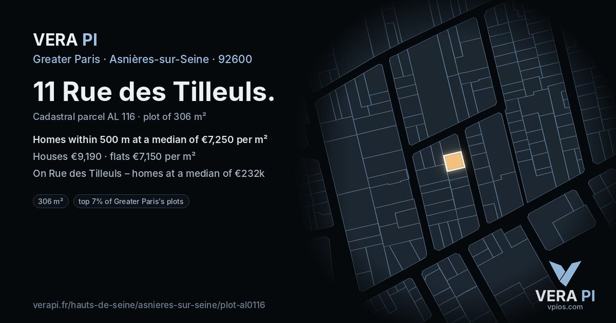 11 Rue des Tilleuls, Asnières-sur-Seine at night – the plot lit, the parcels around coloured by the prices near them