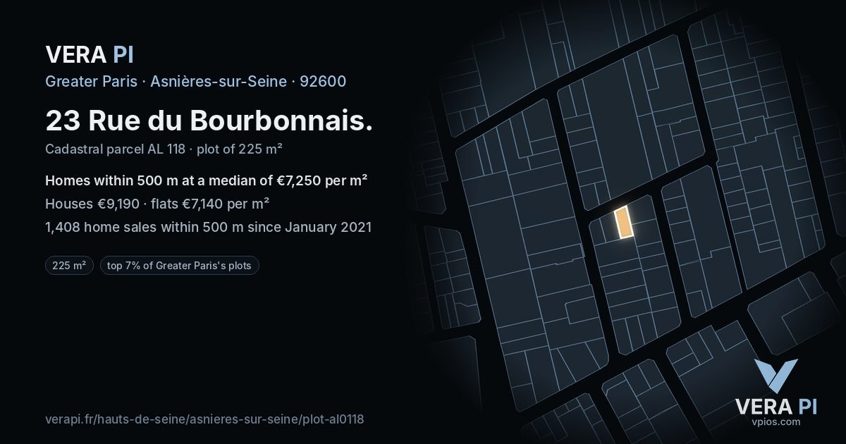 23 Rue du Bourbonnais, Asnières-sur-Seine at night – the plot lit, the parcels around coloured by the prices near them