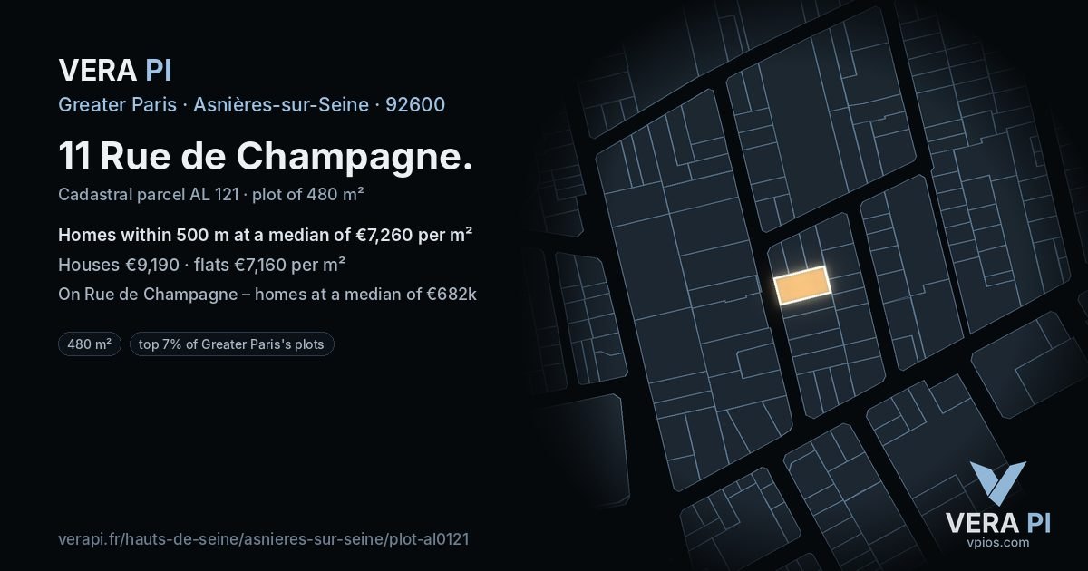 11 Rue de Champagne, Asnières-sur-Seine at night – the plot lit, the parcels around coloured by the prices near them