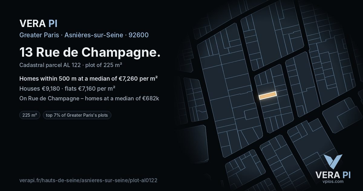 13 Rue de Champagne, Asnières-sur-Seine at night – the plot lit, the parcels around coloured by the prices near them