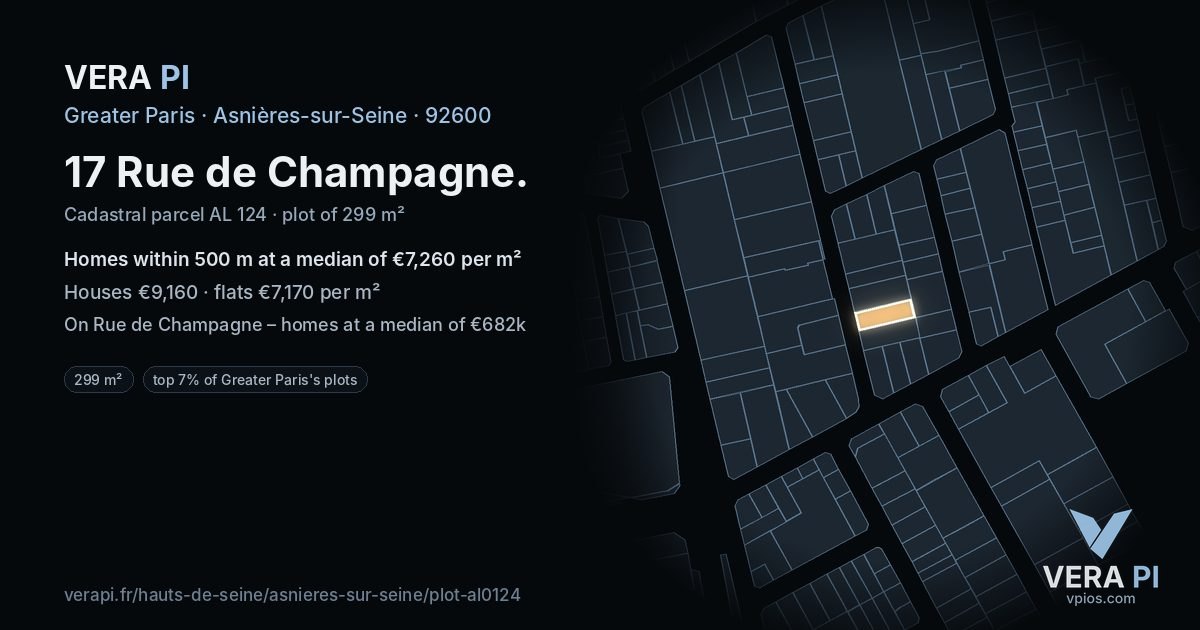 17 Rue de Champagne, Asnières-sur-Seine at night – the plot lit, the parcels around coloured by the prices near them