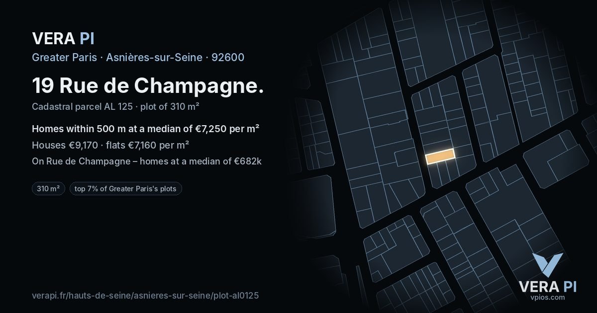 19 Rue de Champagne, Asnières-sur-Seine at night – the plot lit, the parcels around coloured by the prices near them