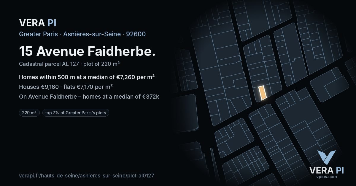 15 Avenue Faidherbe, Asnières-sur-Seine at night – the plot lit, the parcels around coloured by the prices near them