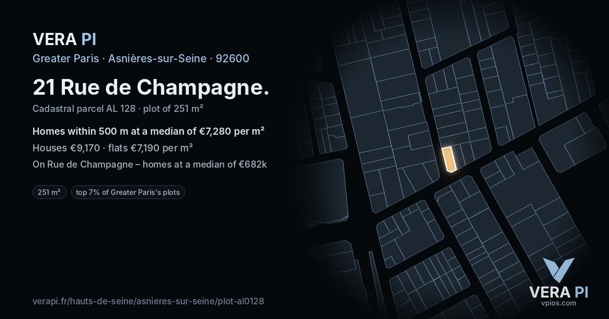 21 Rue de Champagne, Asnières-sur-Seine at night – the plot lit, the parcels around coloured by the prices near them