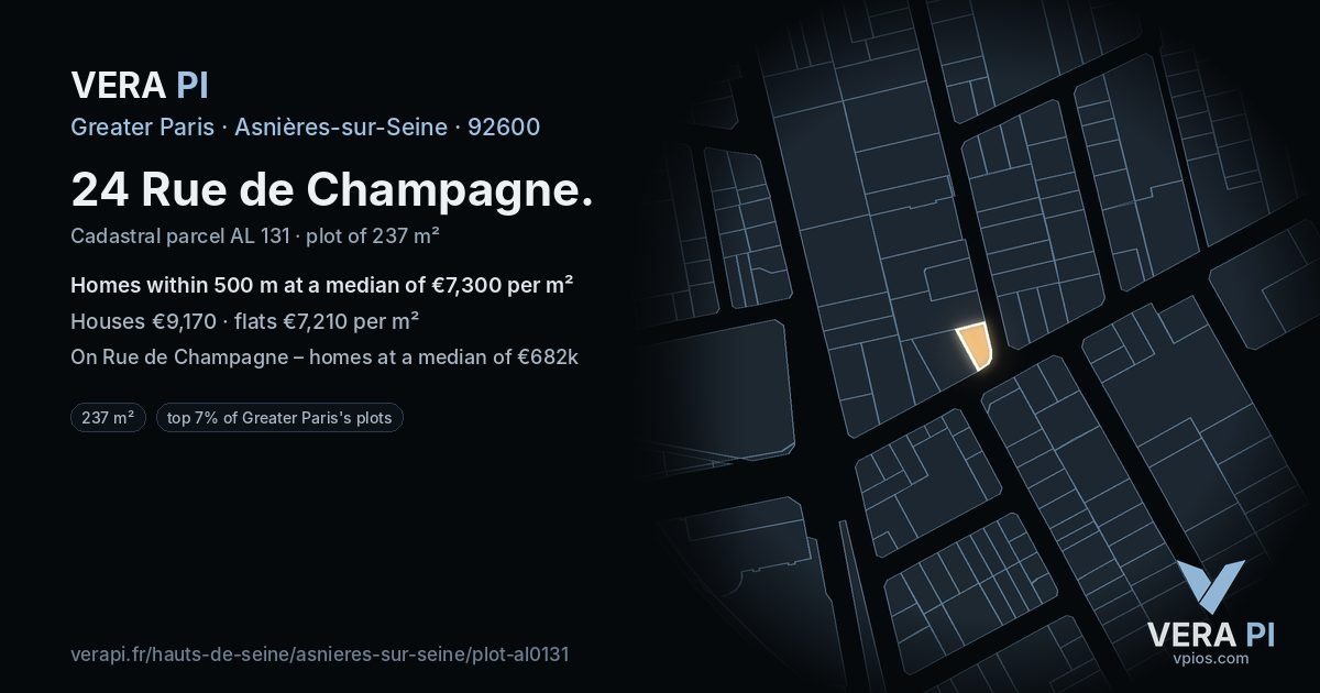 24 Rue de Champagne, Asnières-sur-Seine at night – the plot lit, the parcels around coloured by the prices near them