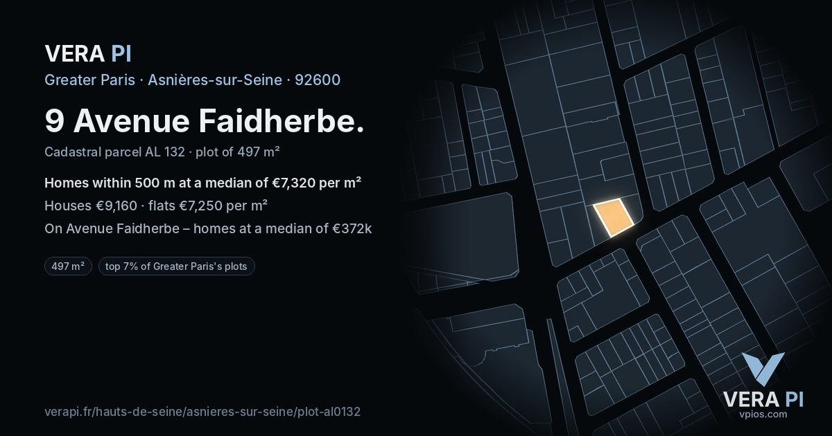 9 Avenue Faidherbe, Asnières-sur-Seine at night – the plot lit, the parcels around coloured by the prices near them