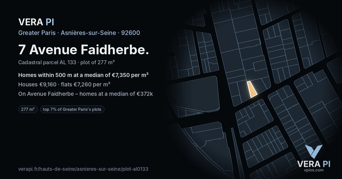 7 Avenue Faidherbe, Asnières-sur-Seine at night – the plot lit, the parcels around coloured by the prices near them