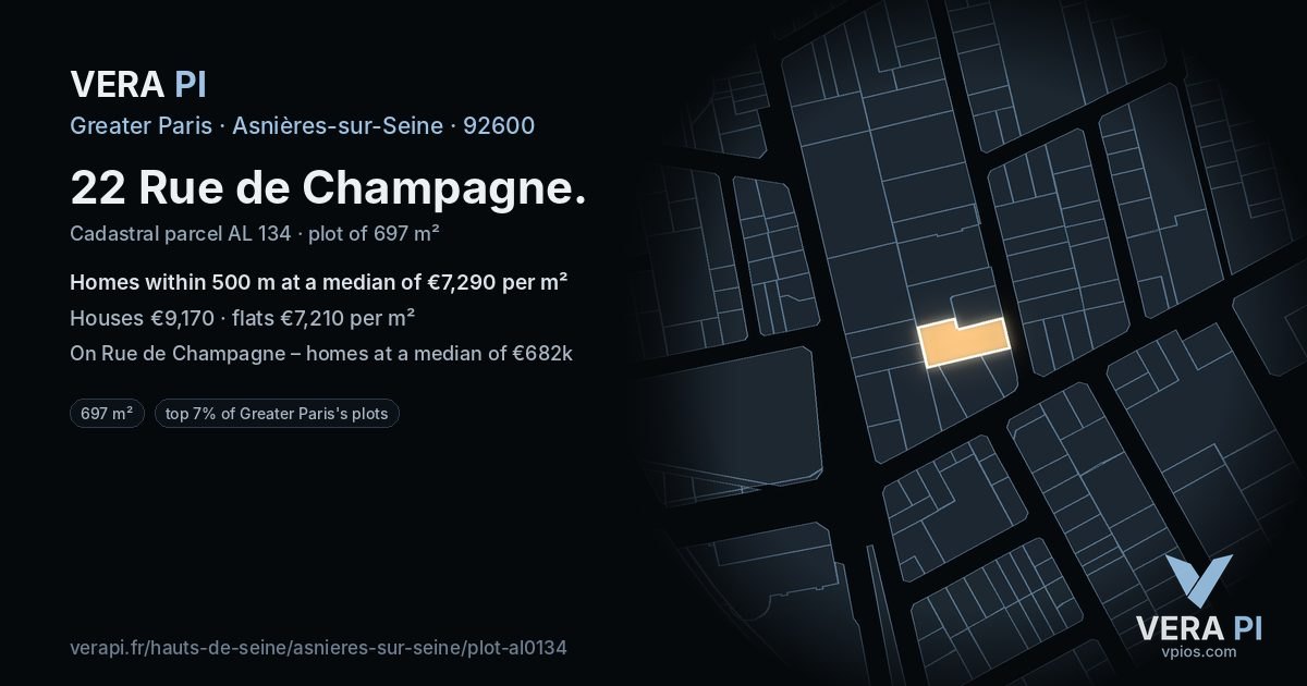 22 Rue de Champagne, Asnières-sur-Seine at night – the plot lit, the parcels around coloured by the prices near them