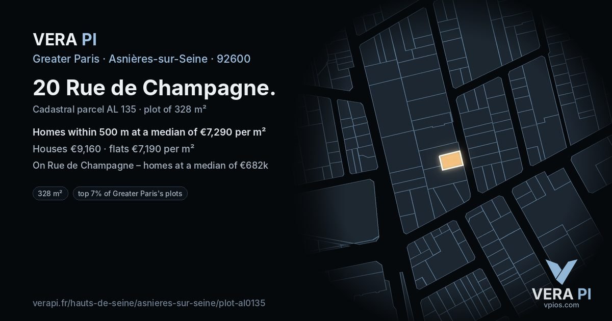 20 Rue de Champagne, Asnières-sur-Seine at night – the plot lit, the parcels around coloured by the prices near them