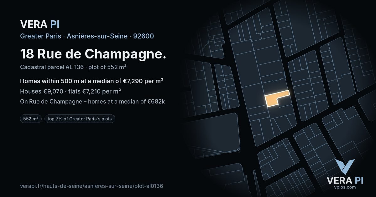18 Rue de Champagne, Asnières-sur-Seine at night – the plot lit, the parcels around coloured by the prices near them