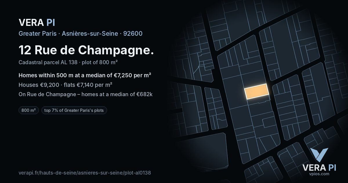 12 Rue de Champagne, Asnières-sur-Seine at night – the plot lit, the parcels around coloured by the prices near them