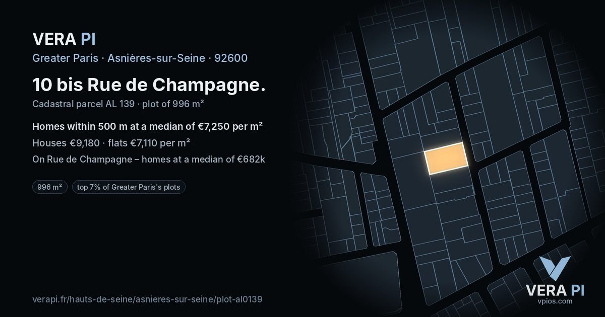 10 bis Rue de Champagne, Asnières-sur-Seine at night – the plot lit, the parcels around coloured by the prices near them
