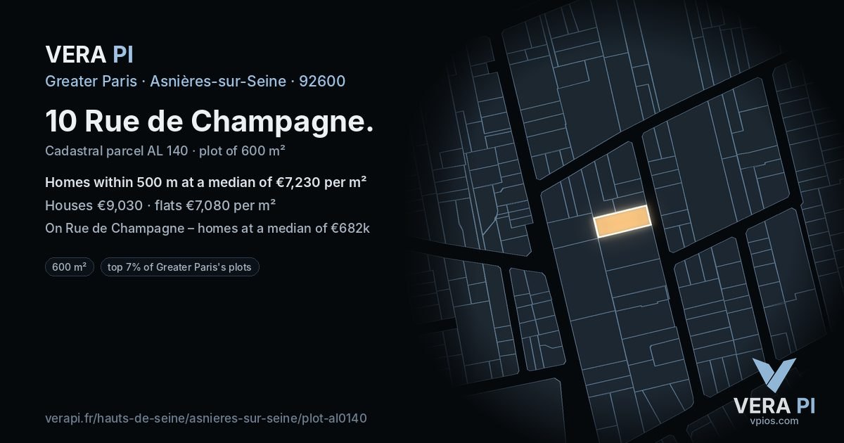 10 Rue de Champagne, Asnières-sur-Seine at night – the plot lit, the parcels around coloured by the prices near them
