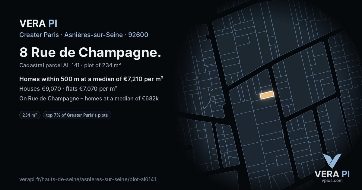 8 Rue de Champagne, Asnières-sur-Seine at night – the plot lit, the parcels around coloured by the prices near them