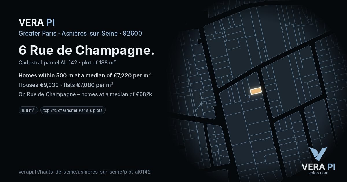 6 Rue de Champagne, Asnières-sur-Seine at night – the plot lit, the parcels around coloured by the prices near them