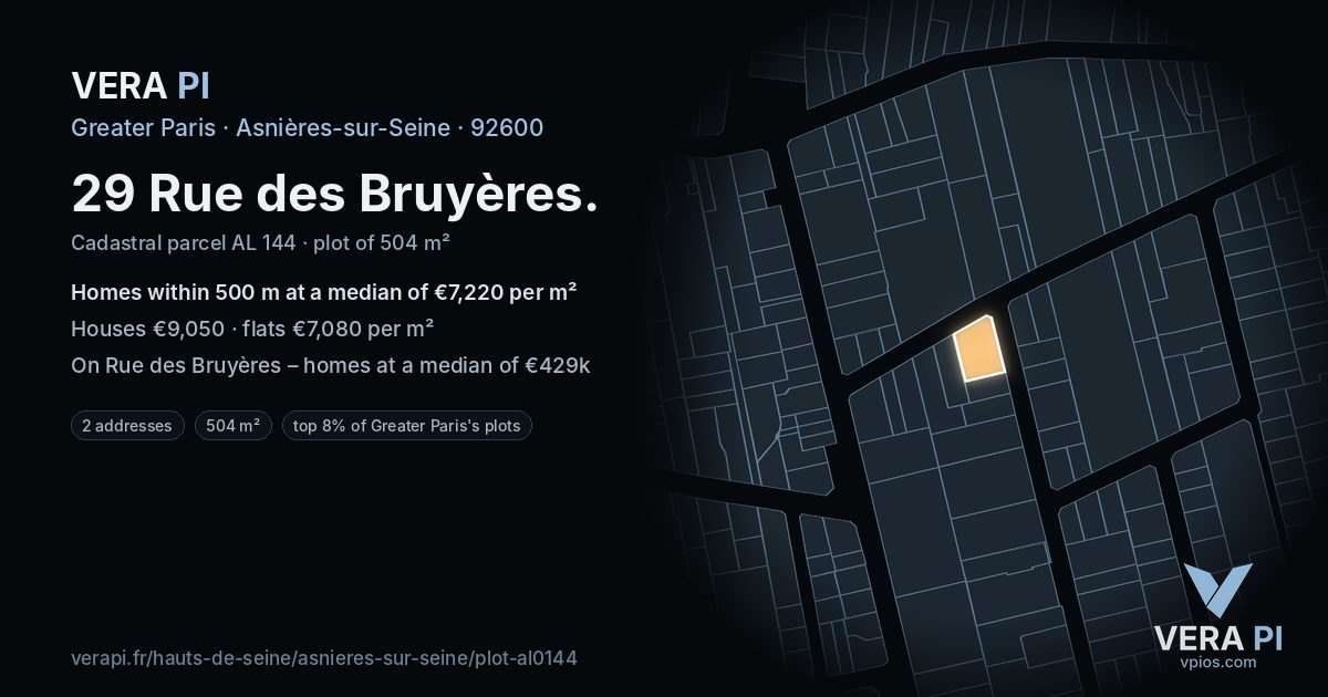 29 Rue des Bruyères, Asnières-sur-Seine at night – the plot lit, the parcels around coloured by the prices near them