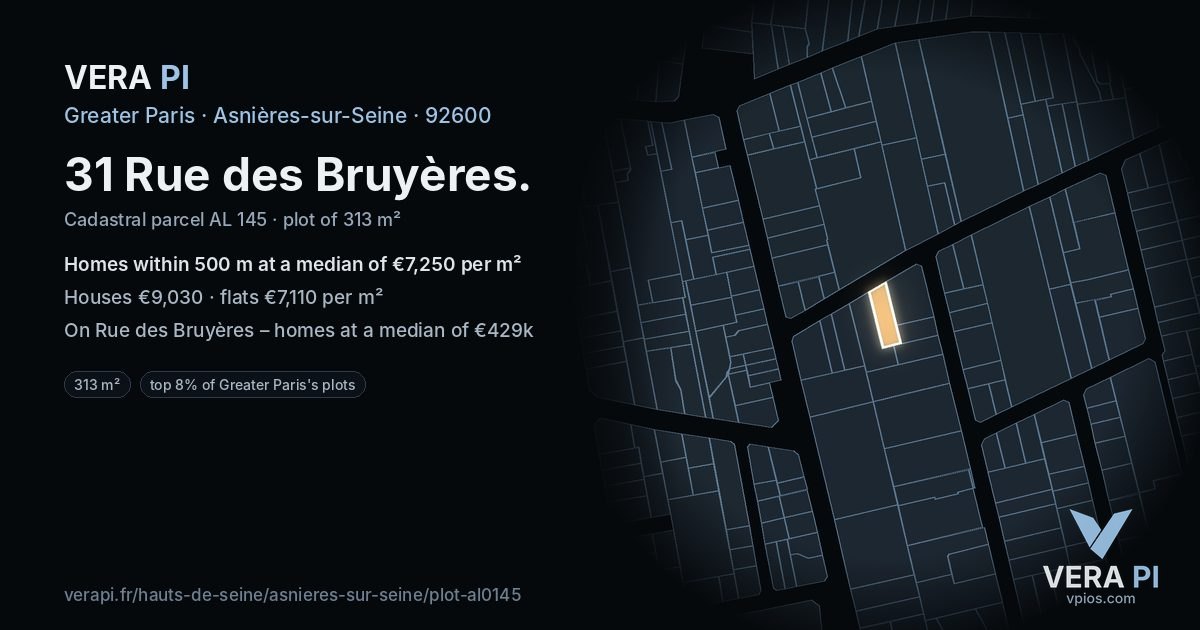 31 Rue des Bruyères, Asnières-sur-Seine at night – the plot lit, the parcels around coloured by the prices near them