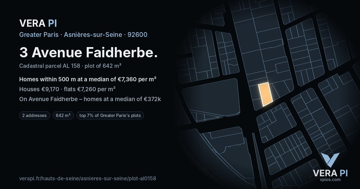 3 Avenue Faidherbe, Asnières-sur-Seine at night – the plot lit, the parcels around coloured by the prices near them