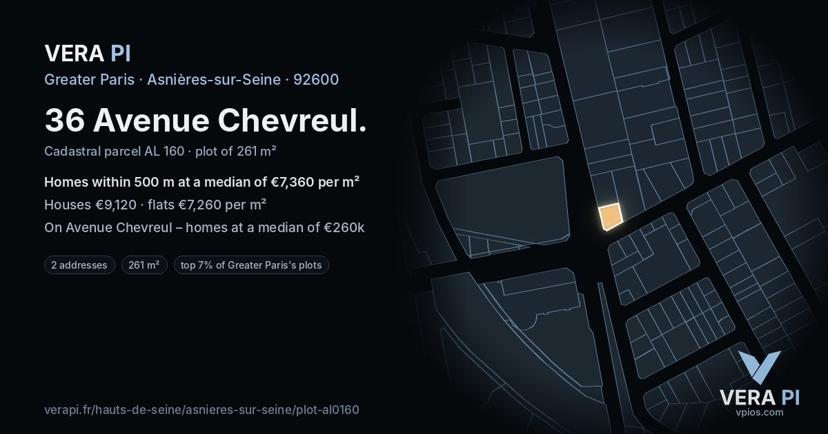36 Avenue Chevreul, Asnières-sur-Seine at night – the plot lit, the parcels around coloured by the prices near them
