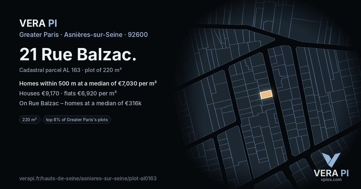 21 Rue Balzac, Asnières-sur-Seine at night – the plot lit, the parcels around coloured by the prices near them