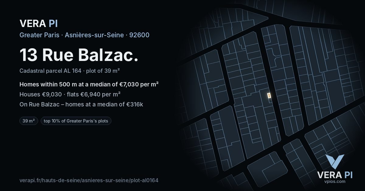 13 Rue Balzac, Asnières-sur-Seine at night – the plot lit, the parcels around coloured by the prices near them