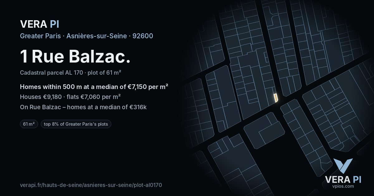 1 Rue Balzac, Asnières-sur-Seine at night – the plot lit, the parcels around coloured by the prices near them