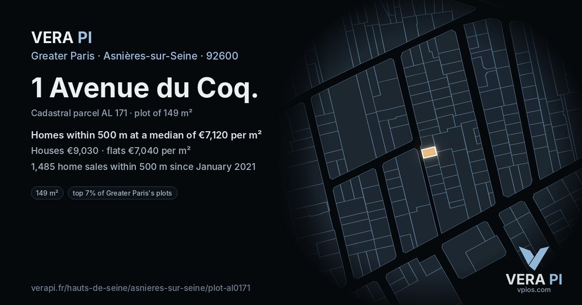 1 Avenue du Coq, Asnières-sur-Seine at night – the plot lit, the parcels around coloured by the prices near them