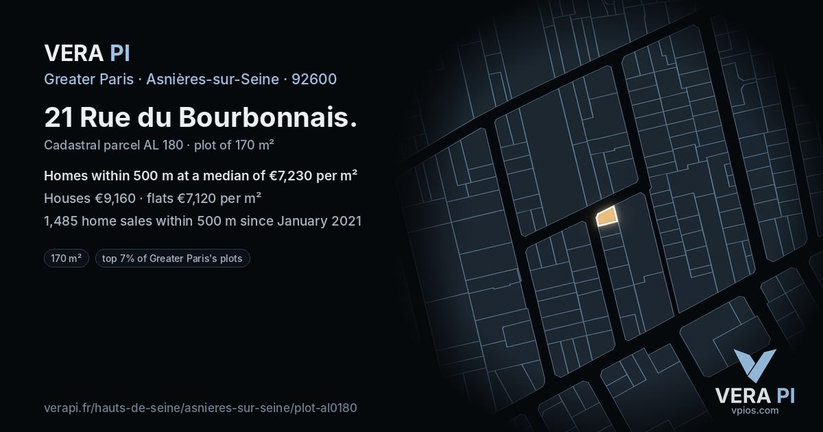 21 Rue du Bourbonnais, Asnières-sur-Seine at night – the plot lit, the parcels around coloured by the prices near them