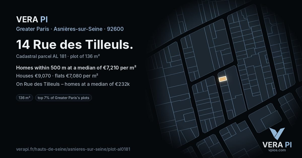 14 Rue des Tilleuls, Asnières-sur-Seine at night – the plot lit, the parcels around coloured by the prices near them