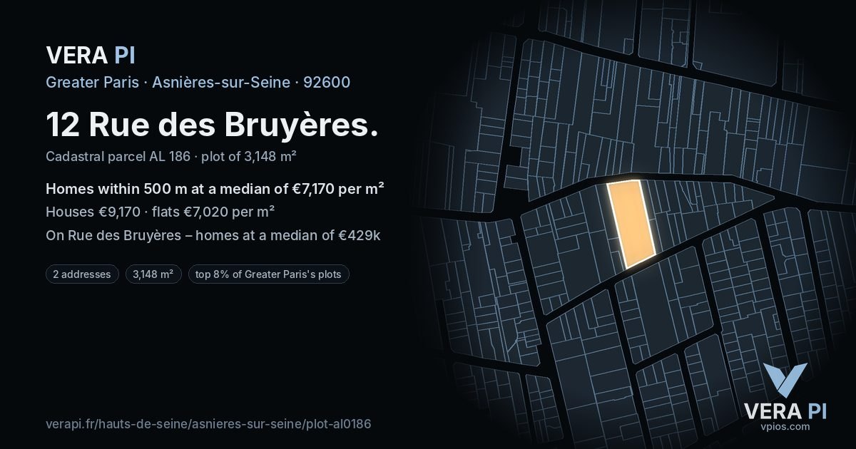 12 Rue des Bruyères, Asnières-sur-Seine at night – the plot lit, the parcels around coloured by the prices near them