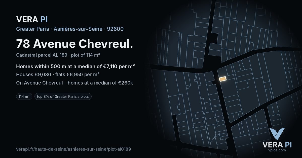 78 Avenue Chevreul, Asnières-sur-Seine at night – the plot lit, the parcels around coloured by the prices near them