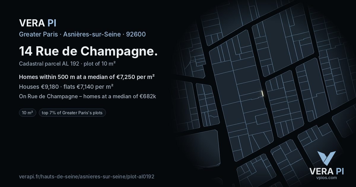 14 Rue de Champagne, Asnières-sur-Seine at night – the plot lit, the parcels around coloured by the prices near them