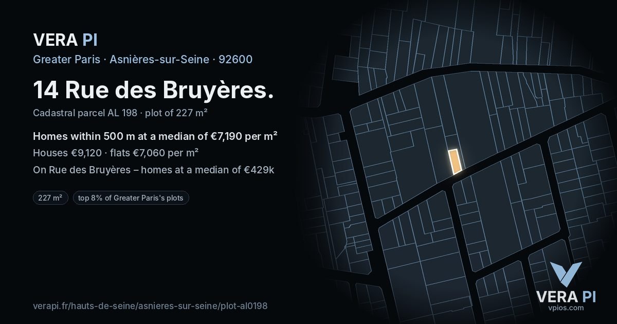 14 Rue des Bruyères, Asnières-sur-Seine at night – the plot lit, the parcels around coloured by the prices near them