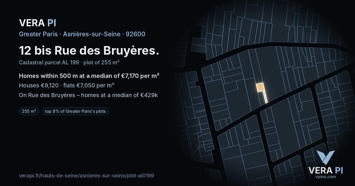 12 bis Rue des Bruyères, Asnières-sur-Seine at night – the plot lit, the parcels around coloured by the prices near them