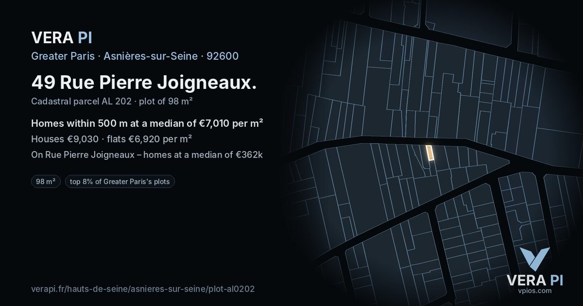 49 Rue Pierre Joigneaux, Asnières-sur-Seine at night – the plot lit, the parcels around coloured by the prices near them