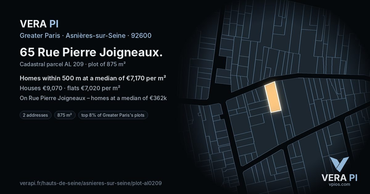 65 Rue Pierre Joigneaux, Asnières-sur-Seine at night – the plot lit, the parcels around coloured by the prices near them
