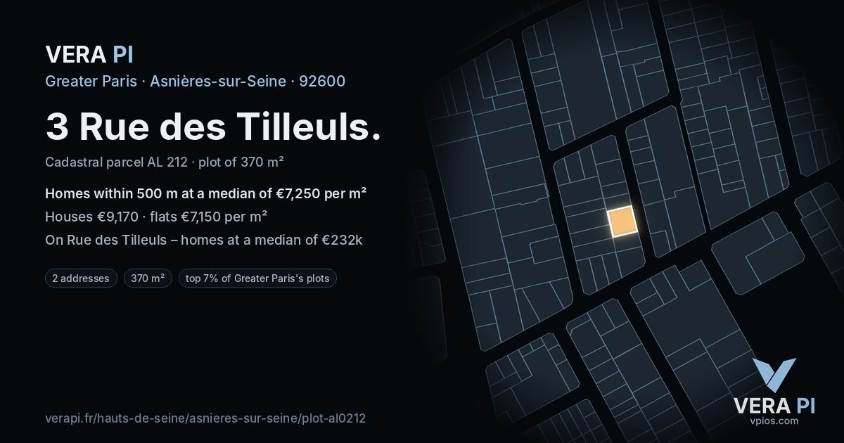 3 Rue des Tilleuls, Asnières-sur-Seine at night – the plot lit, the parcels around coloured by the prices near them