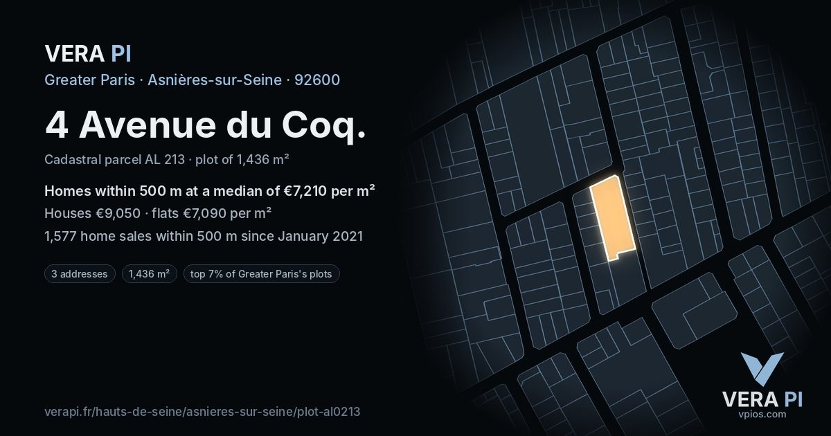 4 Avenue du Coq, Asnières-sur-Seine at night – the plot lit, the parcels around coloured by the prices near them