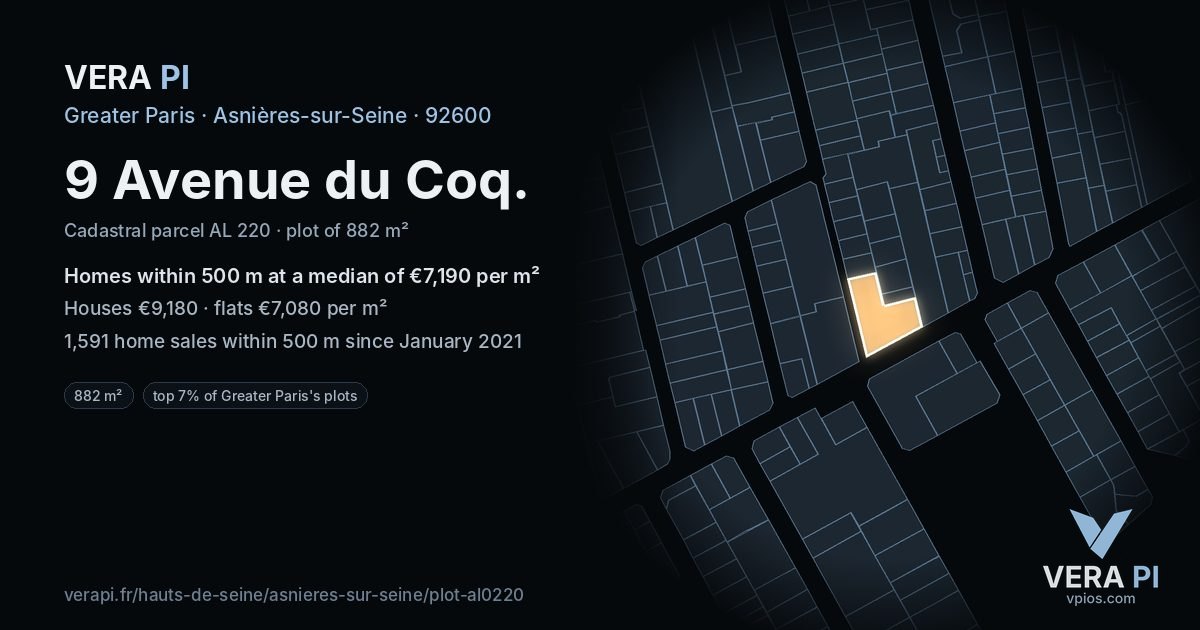 9 Avenue du Coq, Asnières-sur-Seine at night – the plot lit, the parcels around coloured by the prices near them