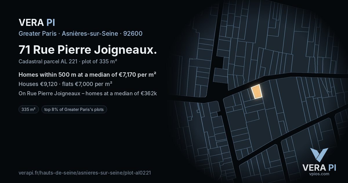 71 Rue Pierre Joigneaux, Asnières-sur-Seine at night – the plot lit, the parcels around coloured by the prices near them