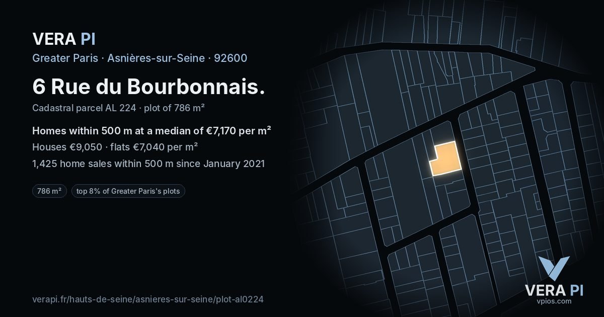 6 Rue du Bourbonnais, Asnières-sur-Seine at night – the plot lit, the parcels around coloured by the prices near them