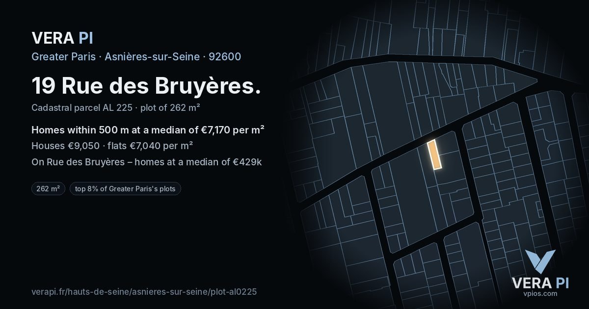 19 Rue des Bruyères, Asnières-sur-Seine at night – the plot lit, the parcels around coloured by the prices near them