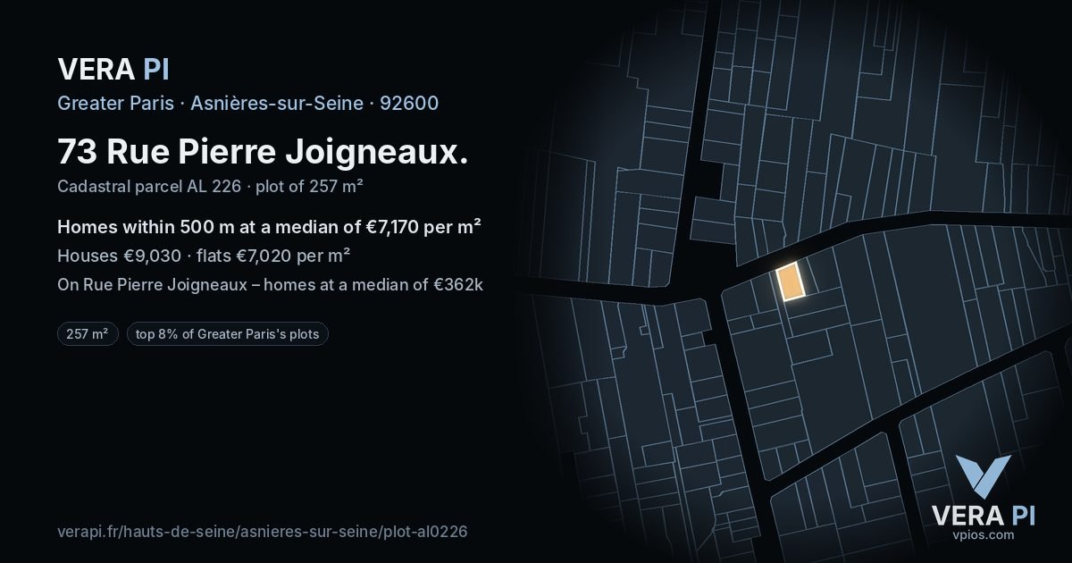 73 Rue Pierre Joigneaux, Asnières-sur-Seine at night – the plot lit, the parcels around coloured by the prices near them